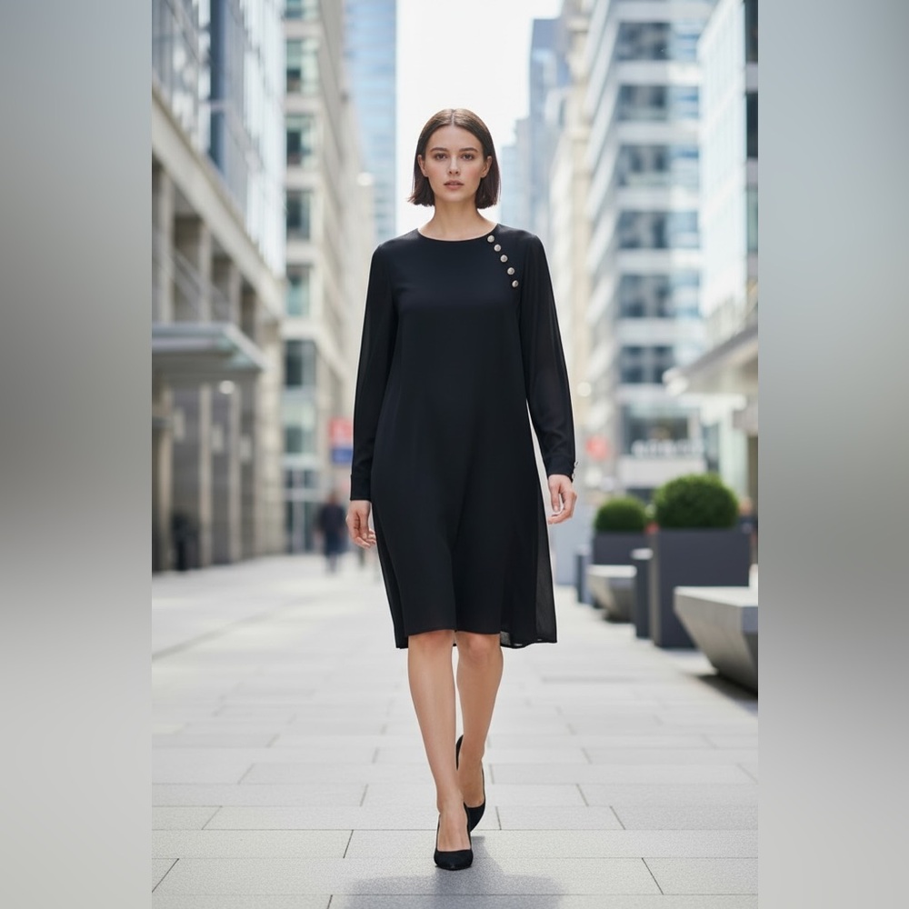 LOFT Classic Black Swing Dress with Metallic Button Details